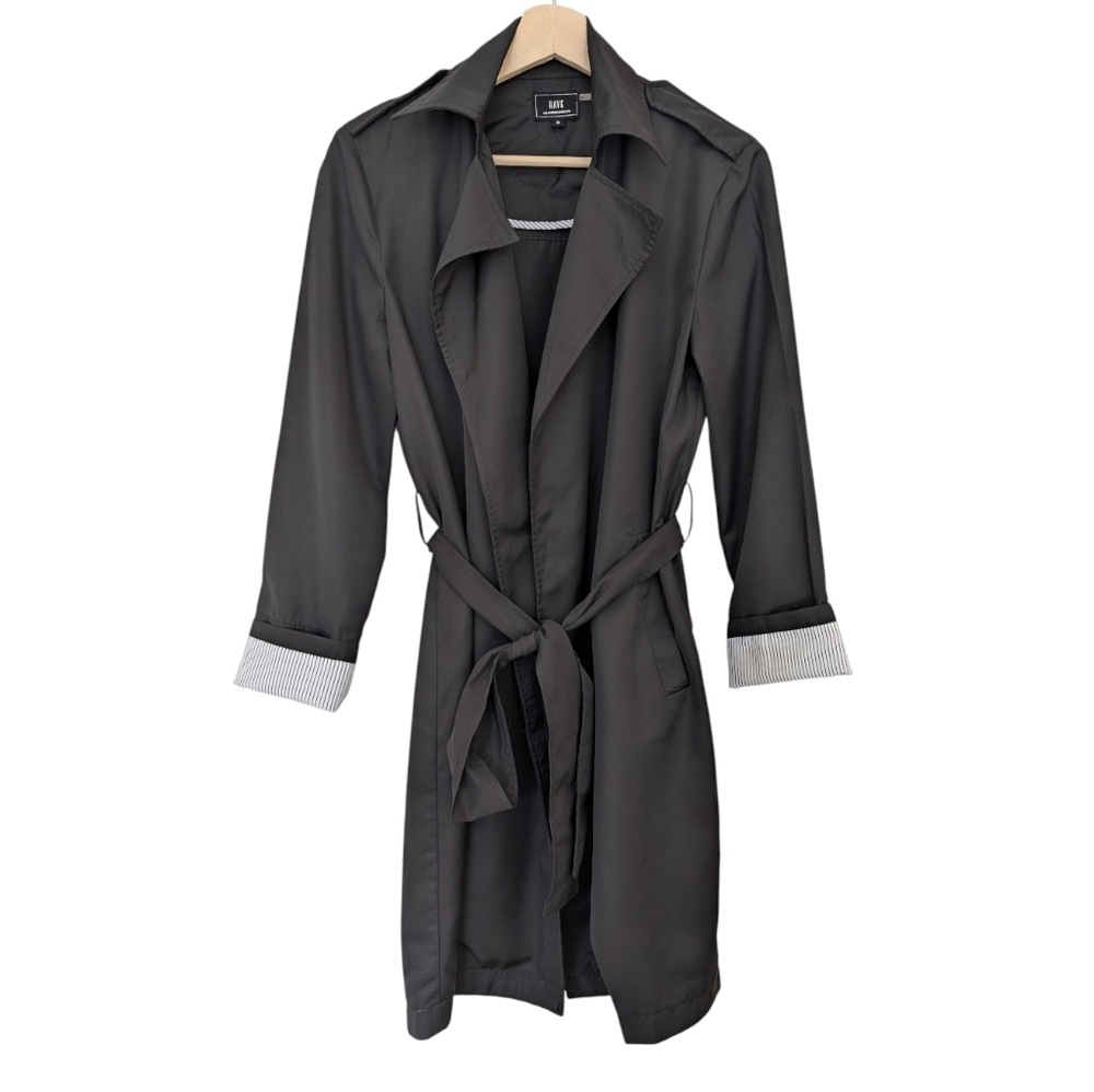 Boutique Black Trench Coat Duster Wrap Style Belt Lightweight, size S French